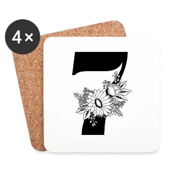 Nummer 7 Schwarze Blumen - 7. Blumenjubiläum - Untersetzer (4er-Set) - Weiß - Vorne