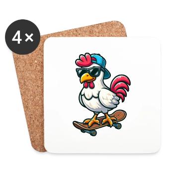 Funny Chicken Hen Rooster on Skateboard Comic - Coasters (set of 4) - white - Front