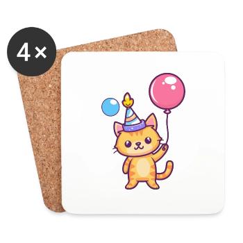 Bande dessinée d’anniversaire de chat - Dessous de verre (lot de 4) - blanc - Devant