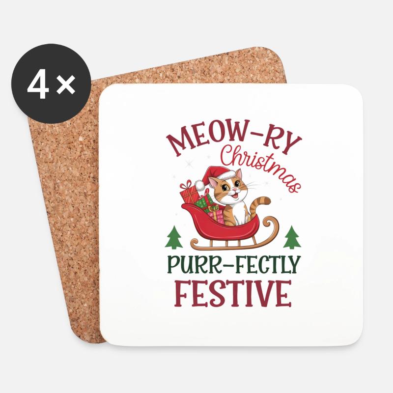 Meow-ry Christmas Purr-fectly Festive - Untersetzer (4er-Set) - Weiß