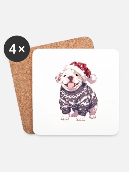 Weihnachtsmotiv mit süßer Amerikanischen Bulldogge - Untersetzer (4er-Set) - Weiß