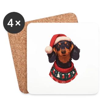 Motif de Noël avec un teckel - Dessous de verre (lot de 4) - blanc - Devant
