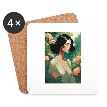 schwarzhaarige schöne Frau im Blumenfeld Geschenk - Untersetzer (4er-Set) - Weiß - Vorne