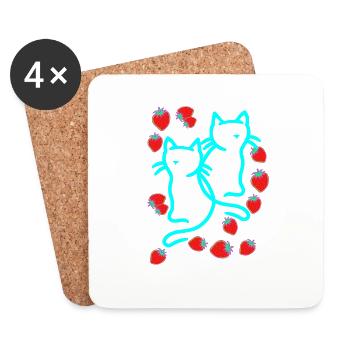 80er 90er Katzen Katze Erdbeeren Sommer Vintage - Untersetzer (4er-Set) - Weiß - Vorne