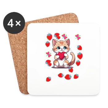 80s Retro Cat Cats Strawberries Strawberry Kids - Coasters (set of 4) - white - Front