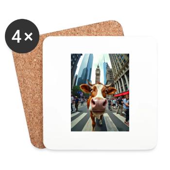Selfie de vache drôle sur un strass de ville animée - Dessous de verre (lot de 4) - blanc - Devant