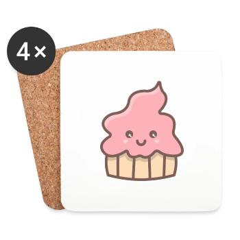 Petit gâteau muffin mignon doux sucré avec visage - Dessous de verre (lot de 4) - blanc - Devant