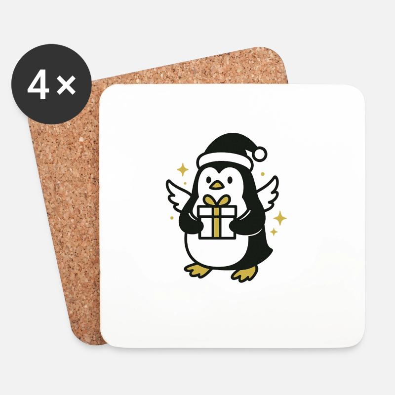 Pinguin mit Geschenk und Weihnachtsmütze - Untersetzer (4er-Set) - Weiß