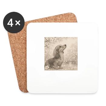 Dachshund Cherry Blossom Pencil Motif Retro - Coasters (set of 4) - white - Front