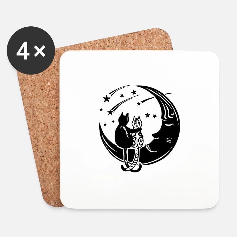 Deux chats sur la lune - Dessous de verre (lot de 4) - blanc