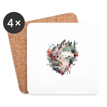 Wolf Wolfskopf Natur Wildnis Wald Bäume Kunst - Untersetzer (4er-Set) - Weiß - Vorne