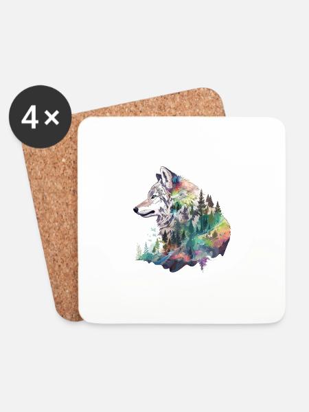 Wolf Wolfskopf Natur Wildnis Wald Bäume Kunst - Untersetzer (4er-Set) - Weiß