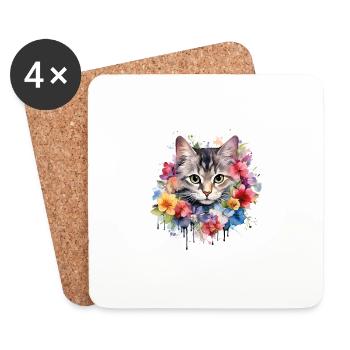 Katze Blumen Aquarell Zeichnung Kunst Bunt Floral - Untersetzer (4er-Set) - Weiß - Vorne
