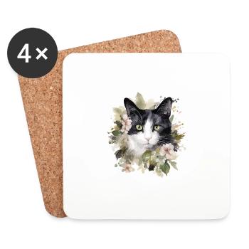 Schwarz Weiße Katze Blumen Aquarell Kunst Bunt - Untersetzer (4er-Set) - Weiß - Vorne