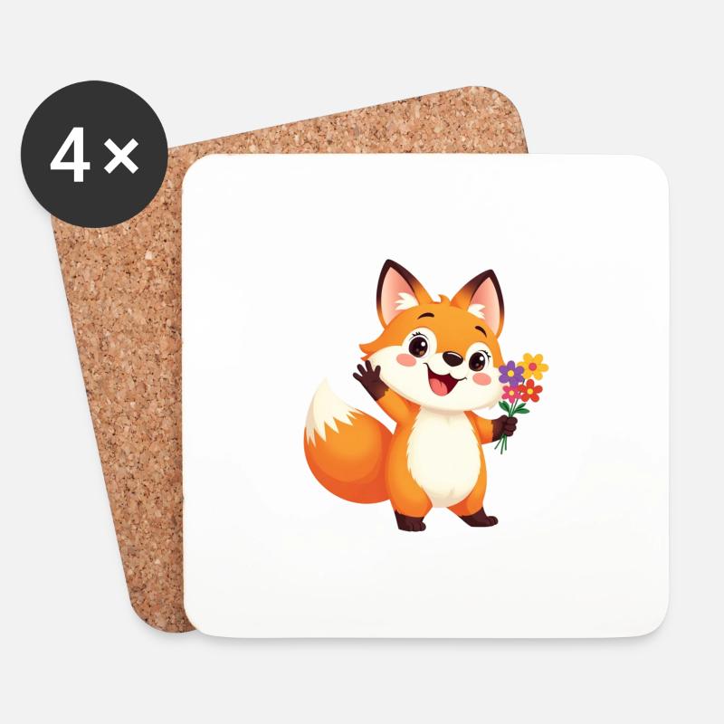 Fröhlicher Cartoon Fuchs mit Blumenstrauß - Untersetzer (4er-Set) - Weiß