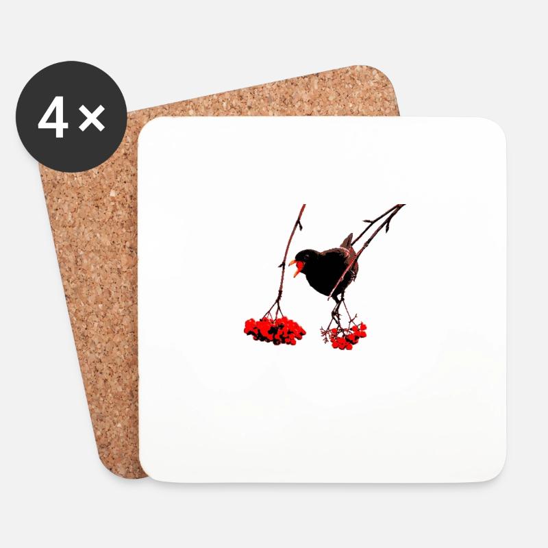 Amsel mit Vogelbeeren - Untersetzer (4er-Set) - Weiß