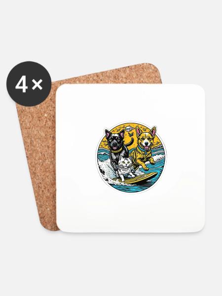 a cat and dogs surfing together: best friends - Coasters (set of 4) - white