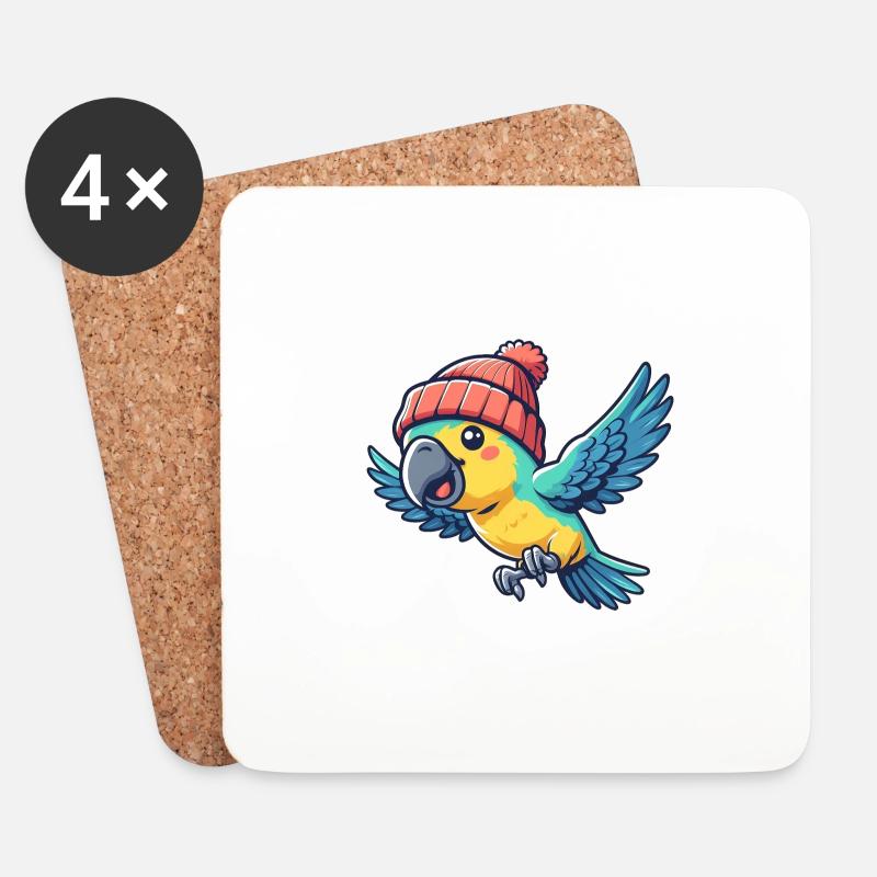 Bunter Papagei mit Beanie Mütze - Untersetzer (4er-Set) - Weiß