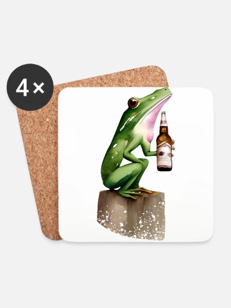 Frosch mit Bier - Untersetzer (4er-Set) - Weiß