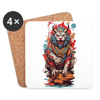 Conception esthétique japonaise Yokai Lion Popart - Dessous de verre (lot de 4) - blanc - Devant