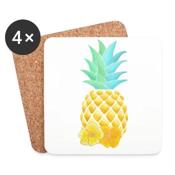 Ananas und Hibiskusblumen - Untersetzer (4er-Set) - Weiß - Vorne