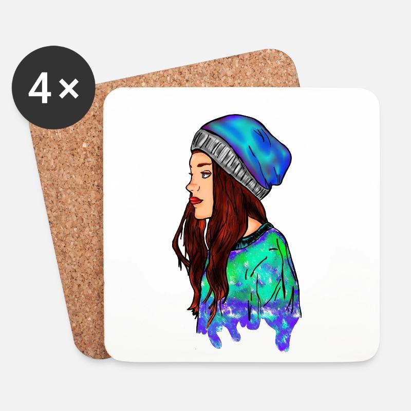 Bunte Illustration einer Frau mit Mütze - Untersetzer (4er-Set) - Weiß