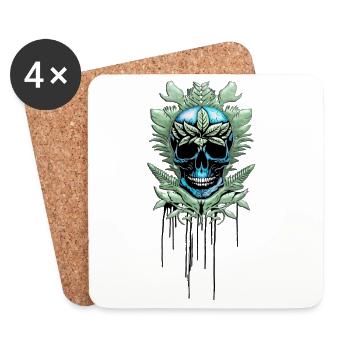 Élégant crâne décoratif bleu avec feuilles. - Dessous de verre (lot de 4) - blanc - Devant