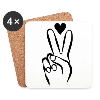 Main avec signe de paix et coeur N/B - Dessous de verre (lot de 4) - blanc - Devant