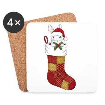 Lustige Cartoon Weihnachtssocke mit Hase - Untersetzer (4er-Set) - Weiß - Vorne