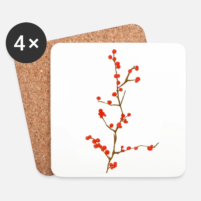 Stechpalme Ilex Zweig Vogelbeeren - Untersetzer (4er-Set) - Weiß
