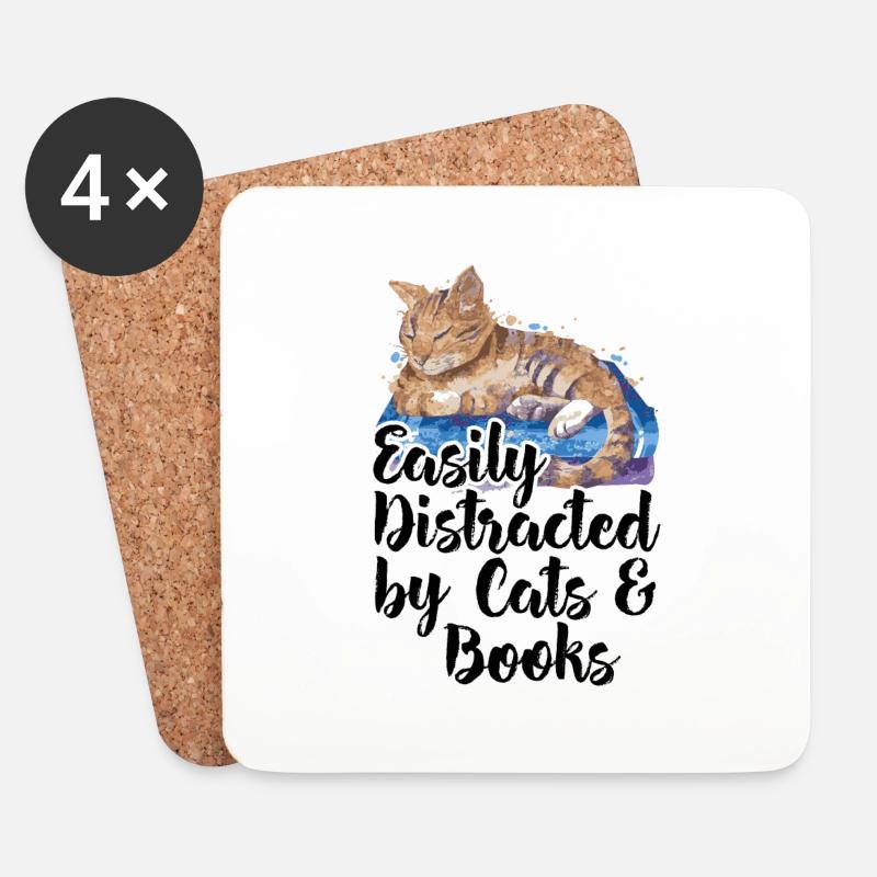 Easily Distracted by Cats and Books Cat Book Lover - Untersetzer (4er-Set) - Weiß