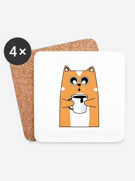 Cat & Coffee - Untersetzer (4er-Set) - Weiß