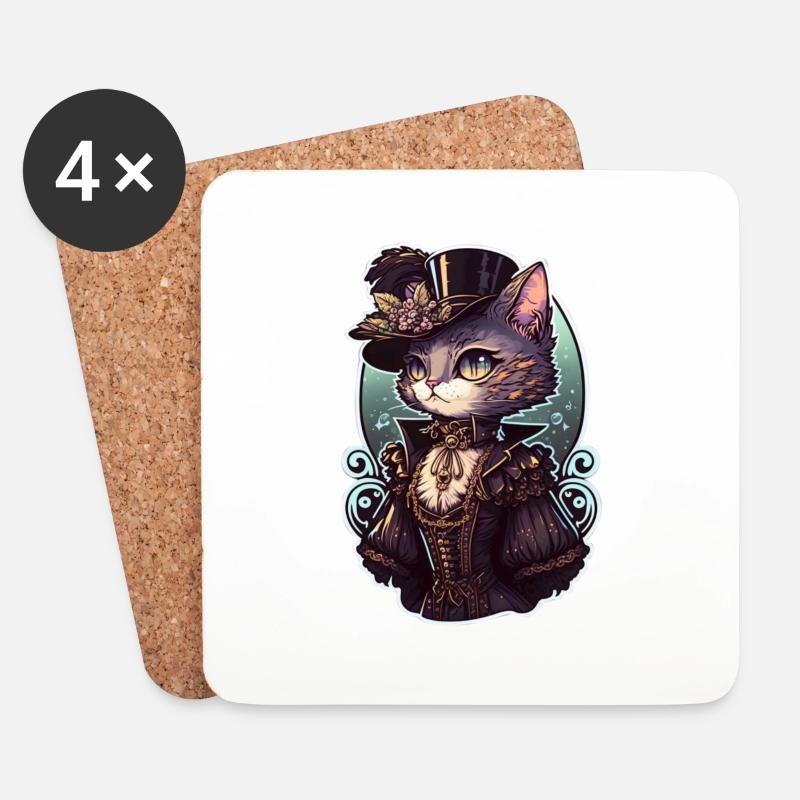 Viktorianische Steampunk Katze - Untersetzer (4er-Set) - Weiß