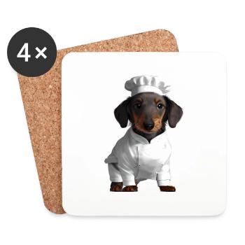 Chiens, Chiot teckel, Teckel, Chien, cuisine, restaurateur - Dessous de verre (lot de 4) - blanc - Devant