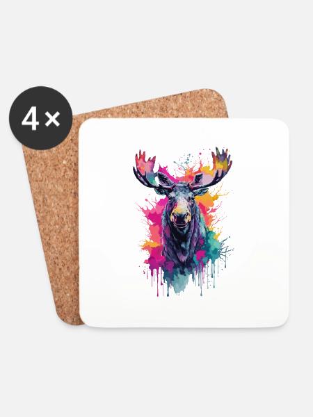 Elch kühl im Wald, buntes Design, Aquarell - Untersetzer (4er-Set) - Weiß