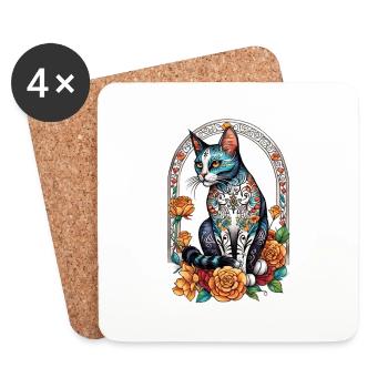 Katze Mexiko - Dia de los Muertos - Untersetzer (4er-Set) - Weiß - Vorne