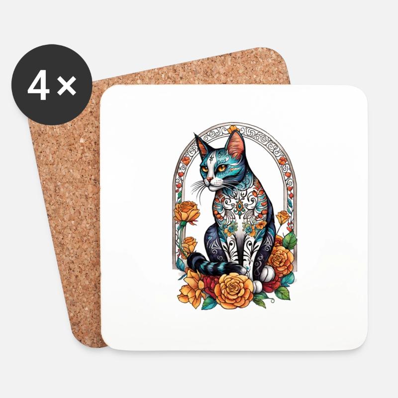 Katze Mexiko - Dia de los Muertos - Untersetzer (4er-Set) - Weiß