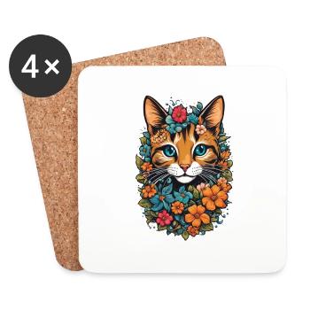 chat et fleur aquarelle - Dessous de verre (lot de 4) - blanc - Devant