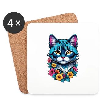 chat et fleur aquarelle - Dessous de verre (lot de 4) - blanc - Devant