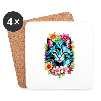 chat et fleur aquarelle - Dessous de verre (lot de 4) - blanc - Devant