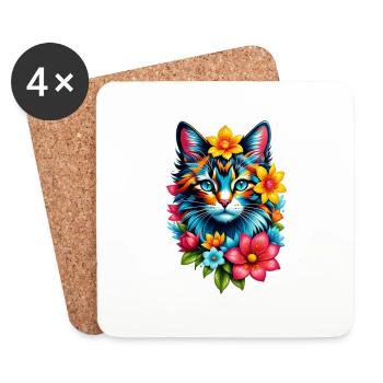chat et fleur aquarelle - Dessous de verre (lot de 4) - blanc - Devant