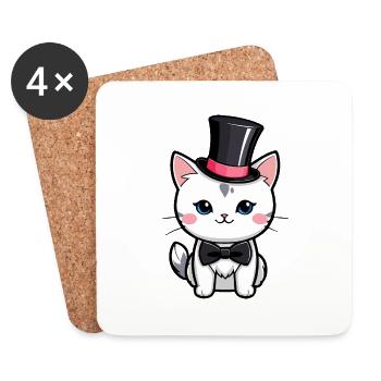 Chat blanc avec un chapeau et nœud papillon - Dessous de verre (lot de 4) - blanc - Devant