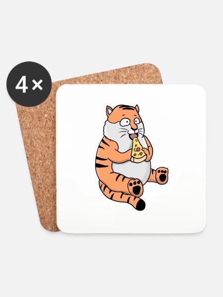Fat Tiger Eating Pizza Funny Comic Style - Coasters (set of 4) - white