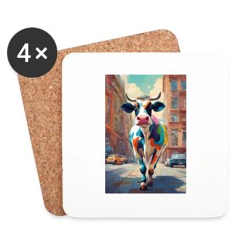 Vache colorée courant à travers la ville - Dessous de verre (lot de 4) - blanc - Devant