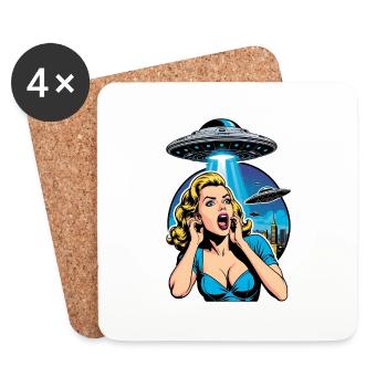 A beautiful woman is terrified of UFO invasion. - Coasters (set of 4) - white - Front