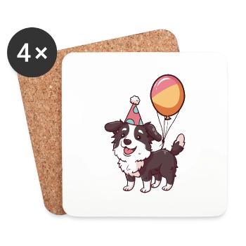Border Collie Chiens Anniversaire Bande dessinée Mignon - Dessous de verre (lot de 4) - blanc - Devant