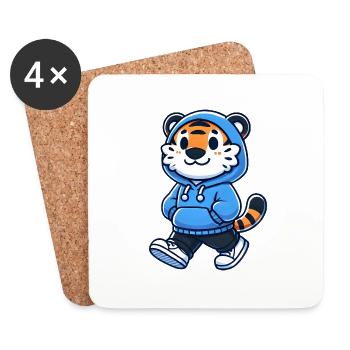 Mascotte de tigre cool en sweat à capuche bleu - Dessous de verre (lot de 4) - blanc - Devant