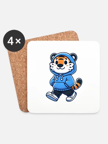Cooles Tiger-Maskottchen im blauen Kapuzenpullover - Untersetzer (4er-Set) - Weiß