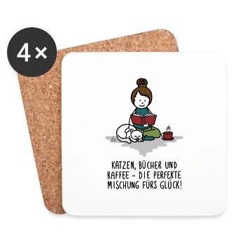Katzen, Bücher & Kaffee – Glücksrezept - Untersetzer (4er-Set) - Weiß - Vorne