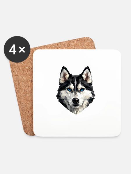 Geometric Husky Head Blue Eyes - Coasters (set of 4) - white
